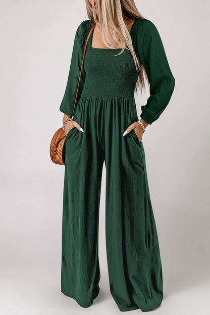 Black Smocked Square Neck Long Sleeve Wide Leg Jumpsuit