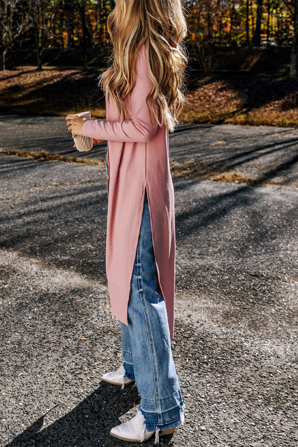 Gray Ribbed Button-Up Split Duster Cardigan