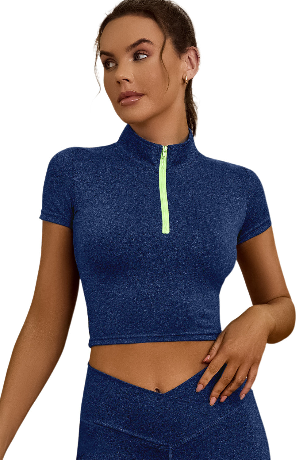 Blue Half Zipper Short Sleeve Active Crop Top