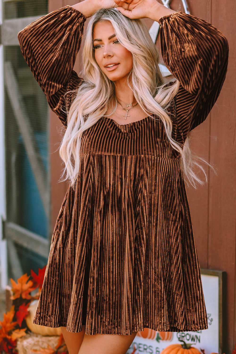 Pink Smocked Ribbed Velvet Babydoll Top