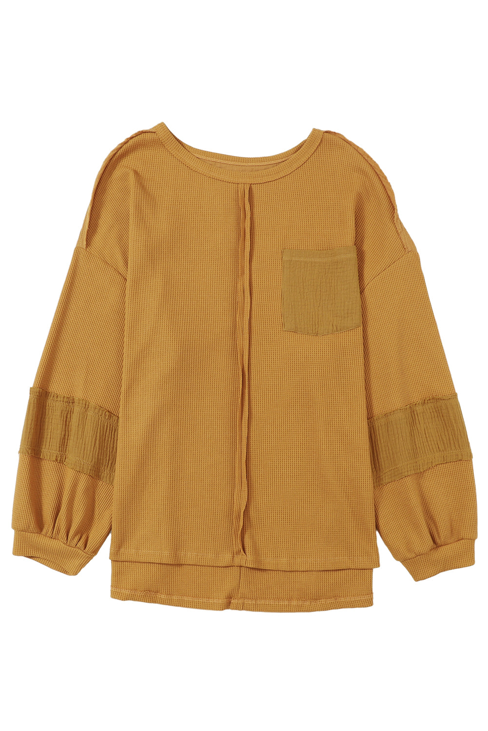 Gray Exposed Seam Patchwork Bubble Sleeve Waffle Knit Top