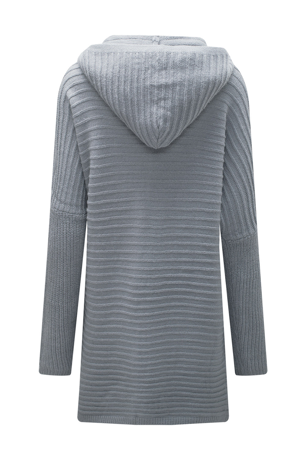 Black Horizontal Rib Knitted Open Front Hooded Cardigan