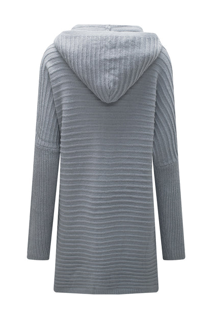 Black Horizontal Rib Knitted Open Front Hooded Cardigan