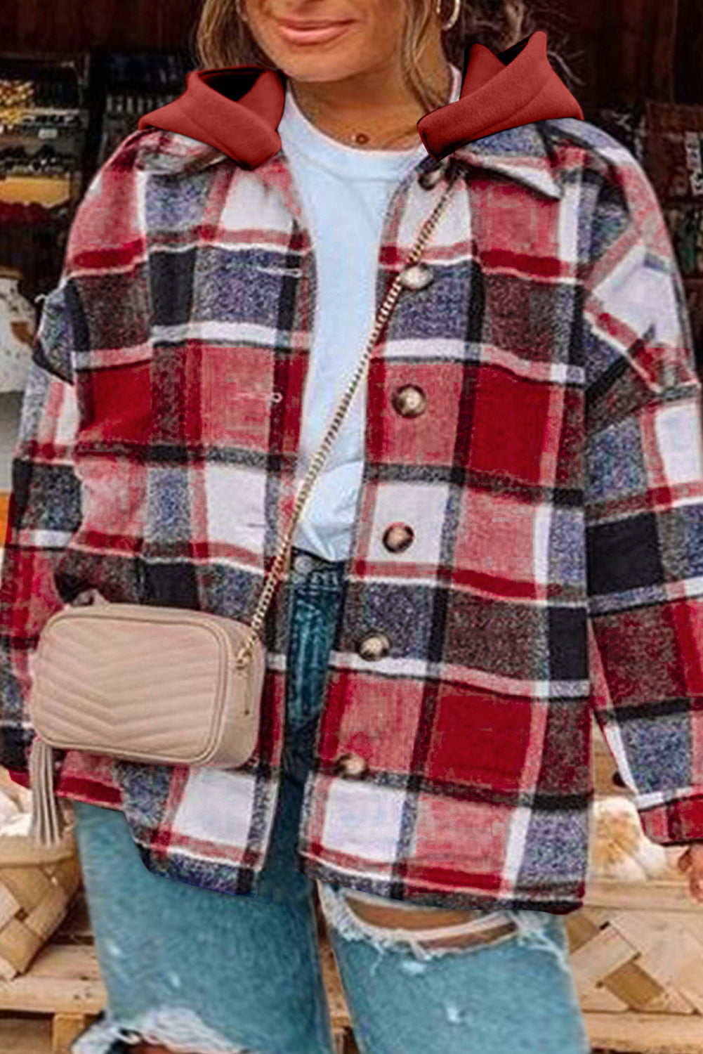 Orange Hooded Plaid Button Front Shacket