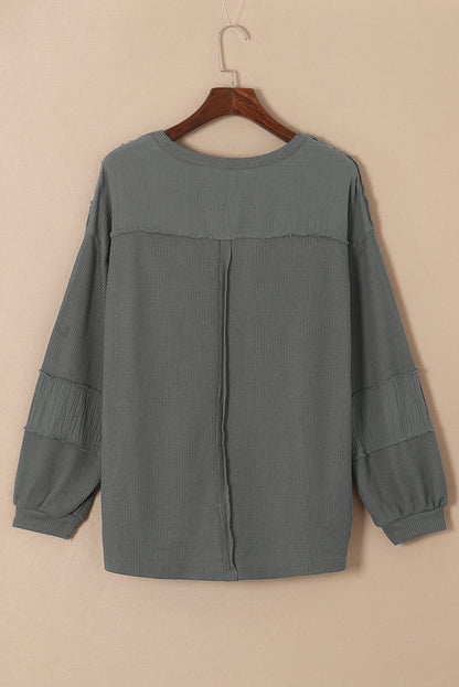 Gray Exposed Seam Patchwork Bubble Sleeve Waffle Knit Top