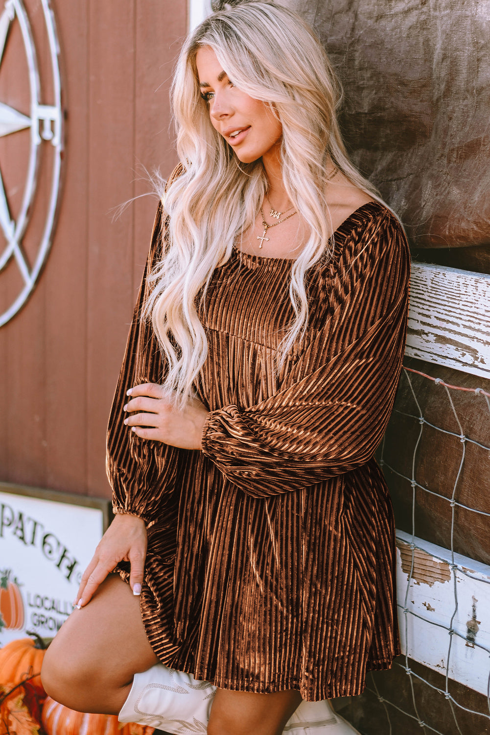 Pink Smocked Ribbed Velvet Babydoll Top