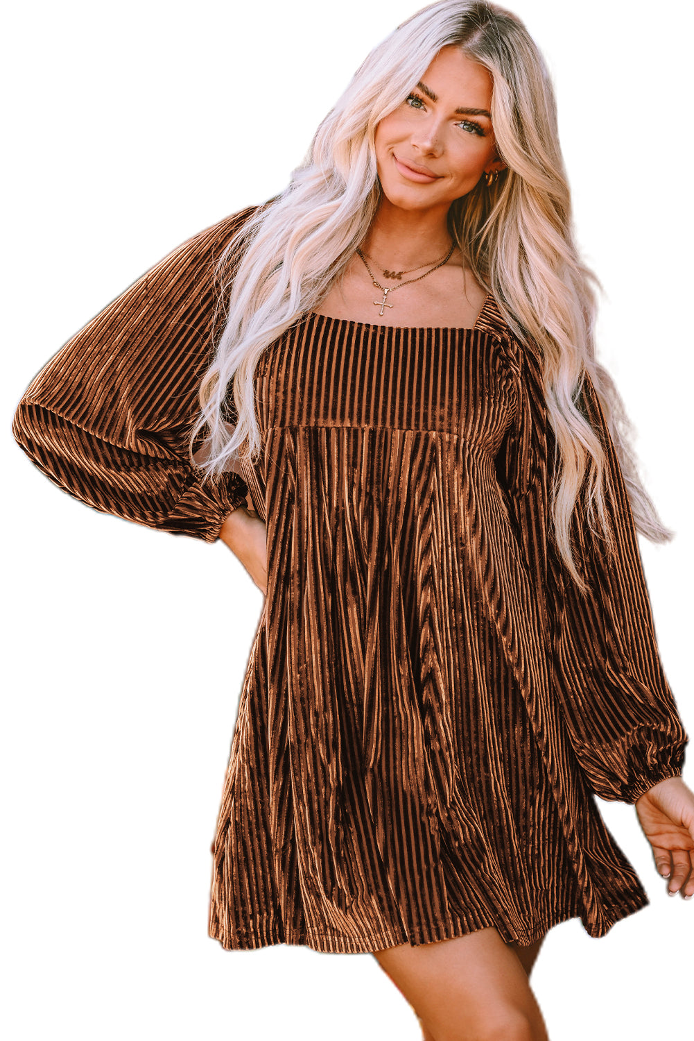 Pink Smocked Ribbed Velvet Babydoll Top