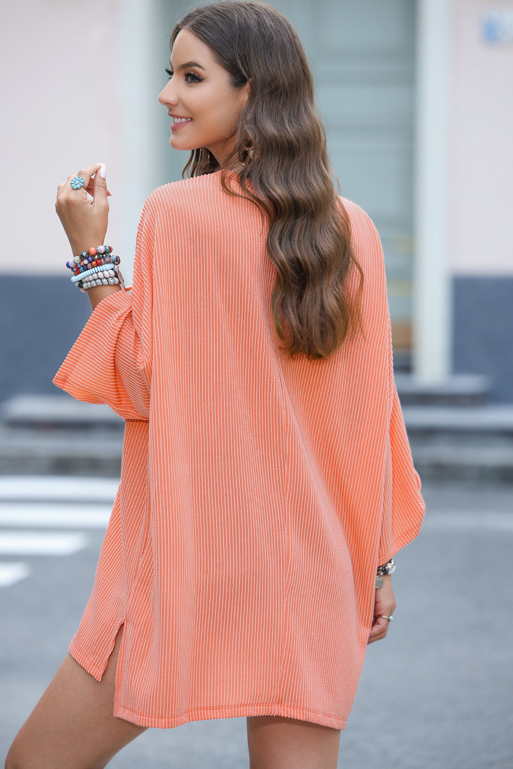 Gray Ribbed Roll-tab Sleeve Chest Pocket Oversize Top
