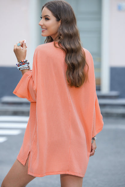 Gray Ribbed Roll-tab Sleeve Chest Pocket Oversize Top
