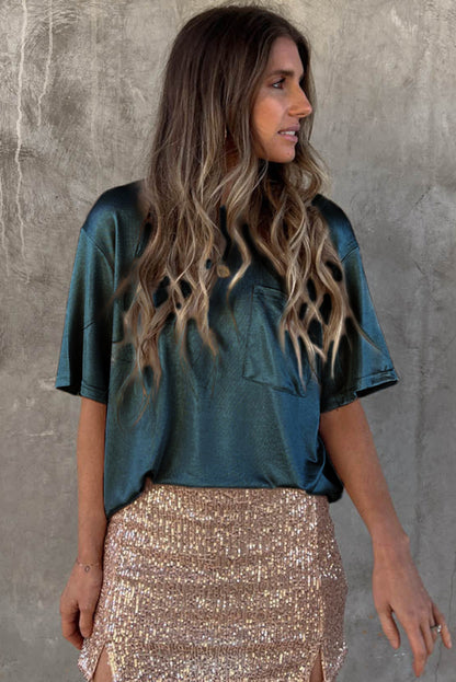 Apricot Glitter Chest Pocket Round Neck Long Sleeve Top