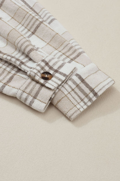 Khaki Printed Plus Size Plaid Print Contrast Hooded Shacket