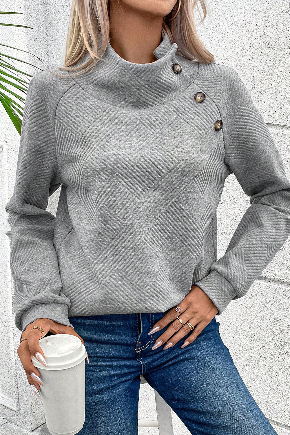 Light Grey Textured Knit Buttoned Kangaroo Pocket Sweatshirt