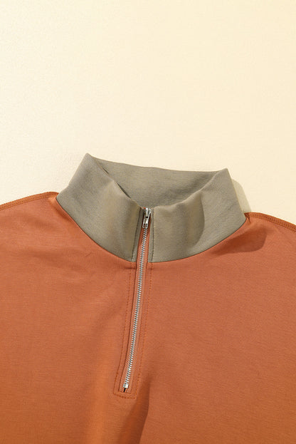 Khaki Exposed Seam Color Block Zipped Sweatshirt