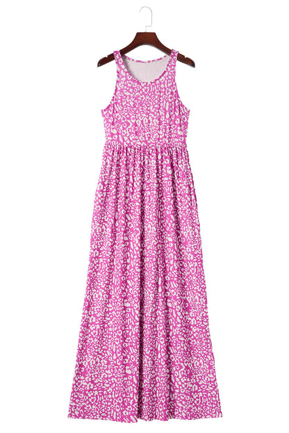 Gray Leopard Print Pocketed Sleeveless Maxi Dress
