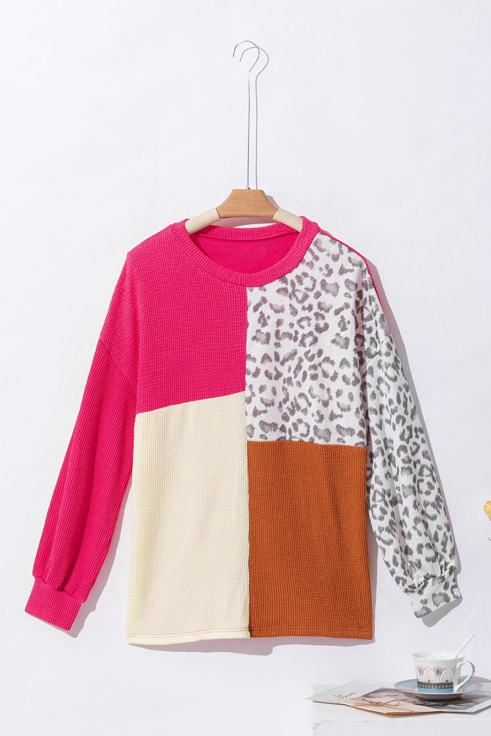 Khaki Ribbed Color Block Leopard Splicing Plus Size Top