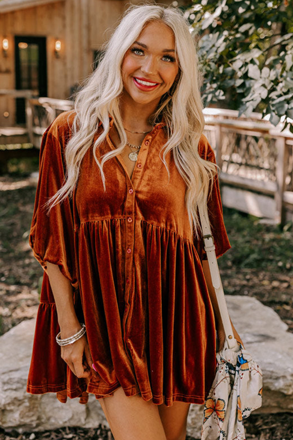 Pale Khaki 3/4 Sleeve Tunic Babydoll Velvet Shirt
