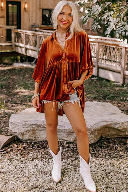 Pale Khaki 3/4 Sleeve Tunic Babydoll Velvet Shirt
