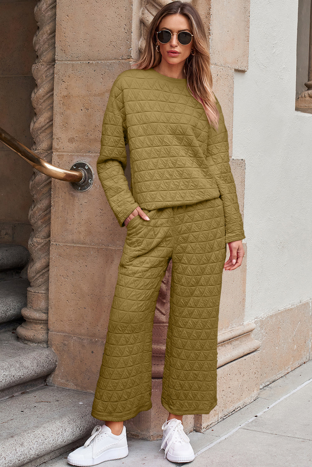Coffee Solid Color Quilted Kangaroo Pocket Hoodie