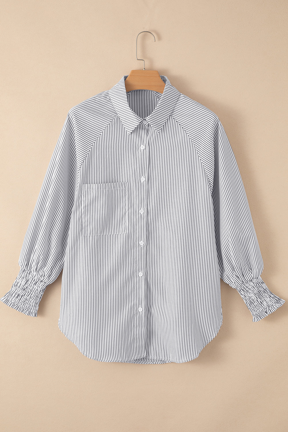 Pink Smocked Cuffed Striped Boyfriend Shirt with Pocket