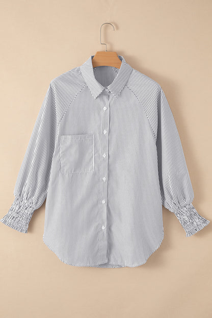 Pink Smocked Cuffed Striped Boyfriend Shirt with Pocket