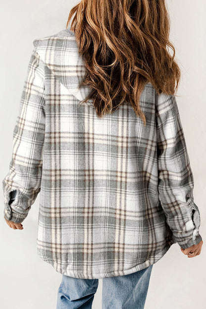 Orange Plaid Pattern Sherpa Lined Hooded Shacket