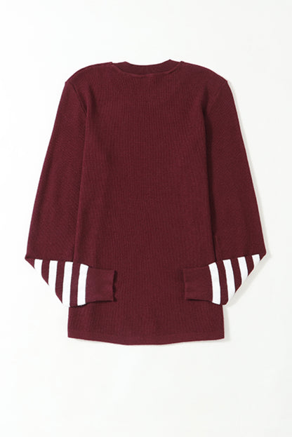 Green Striped Sleeve Plain Knit Sweater