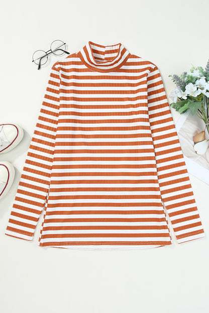 Black Striped Print Textured Knit Long Sleeve Tee