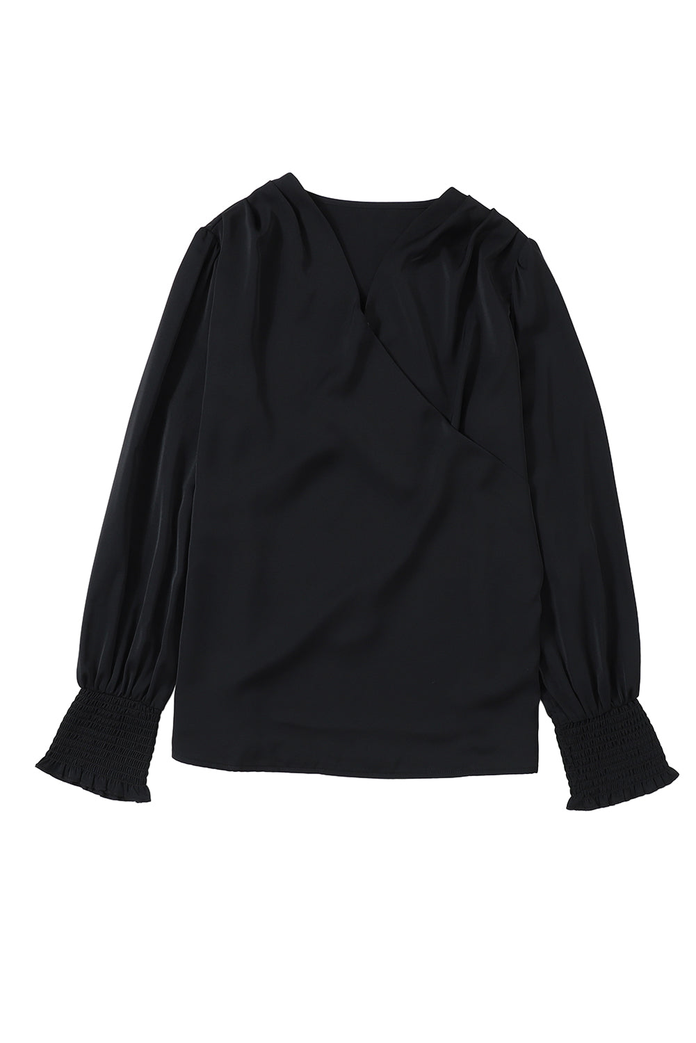 Khaki Solid Surplice Neck Shirred Cuffs Draped Blouse