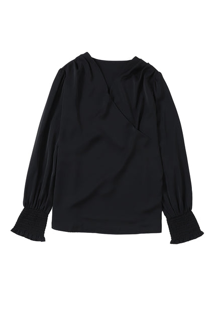 Khaki Solid Surplice Neck Shirred Cuffs Draped Blouse