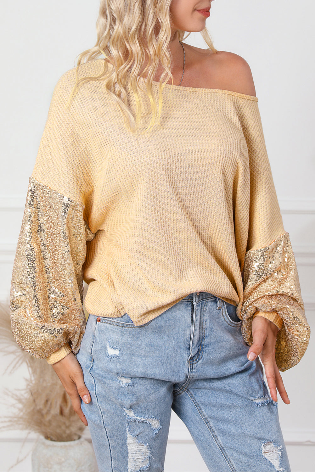 Burgundy Sequin Patchwork Sleeve Open Back Waffle Knit Top