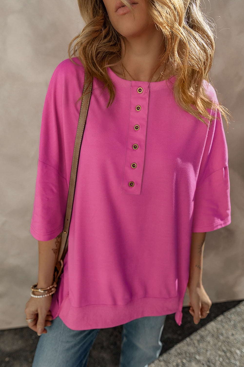 Black Drop Shoulder Henley Buttons Sweatshirt