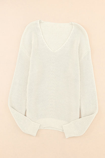 Black Ribbed Knit V Neck Sweater