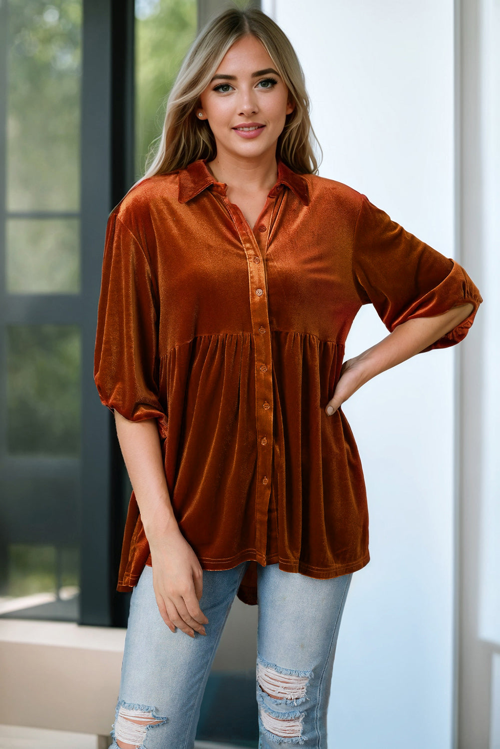 Pale Khaki 3/4 Sleeve Tunic Babydoll Velvet Shirt