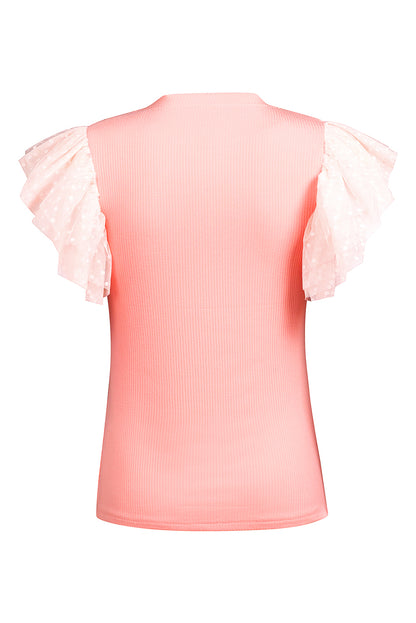 Black Dotty Mesh Ruffle Sleeve Ribbed Knit Top