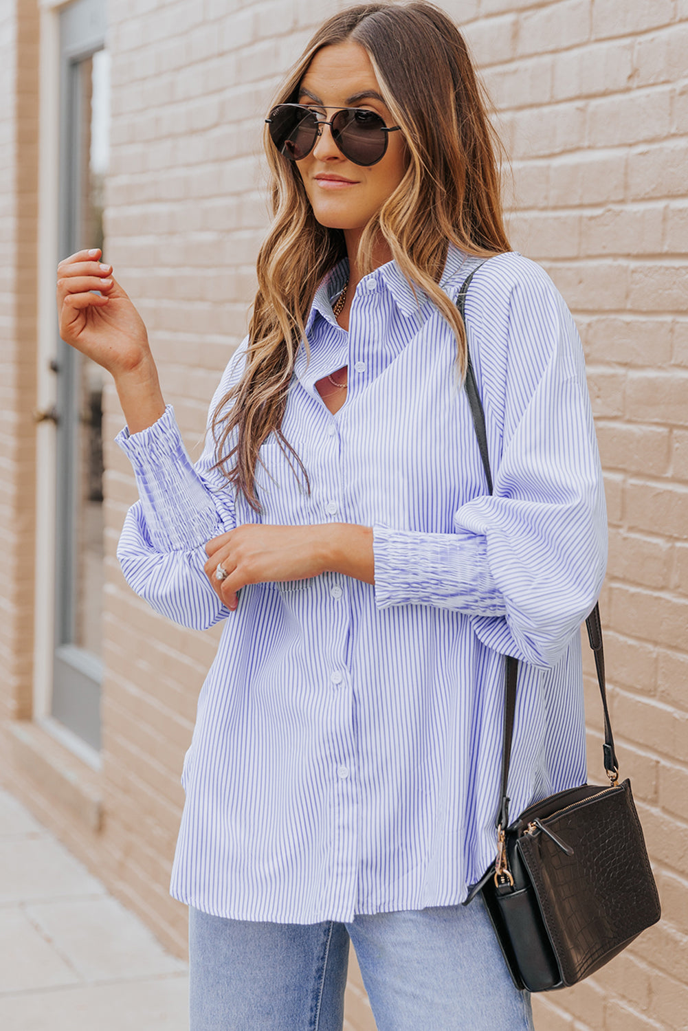 Pink Smocked Cuffed Striped Boyfriend Shirt with Pocket