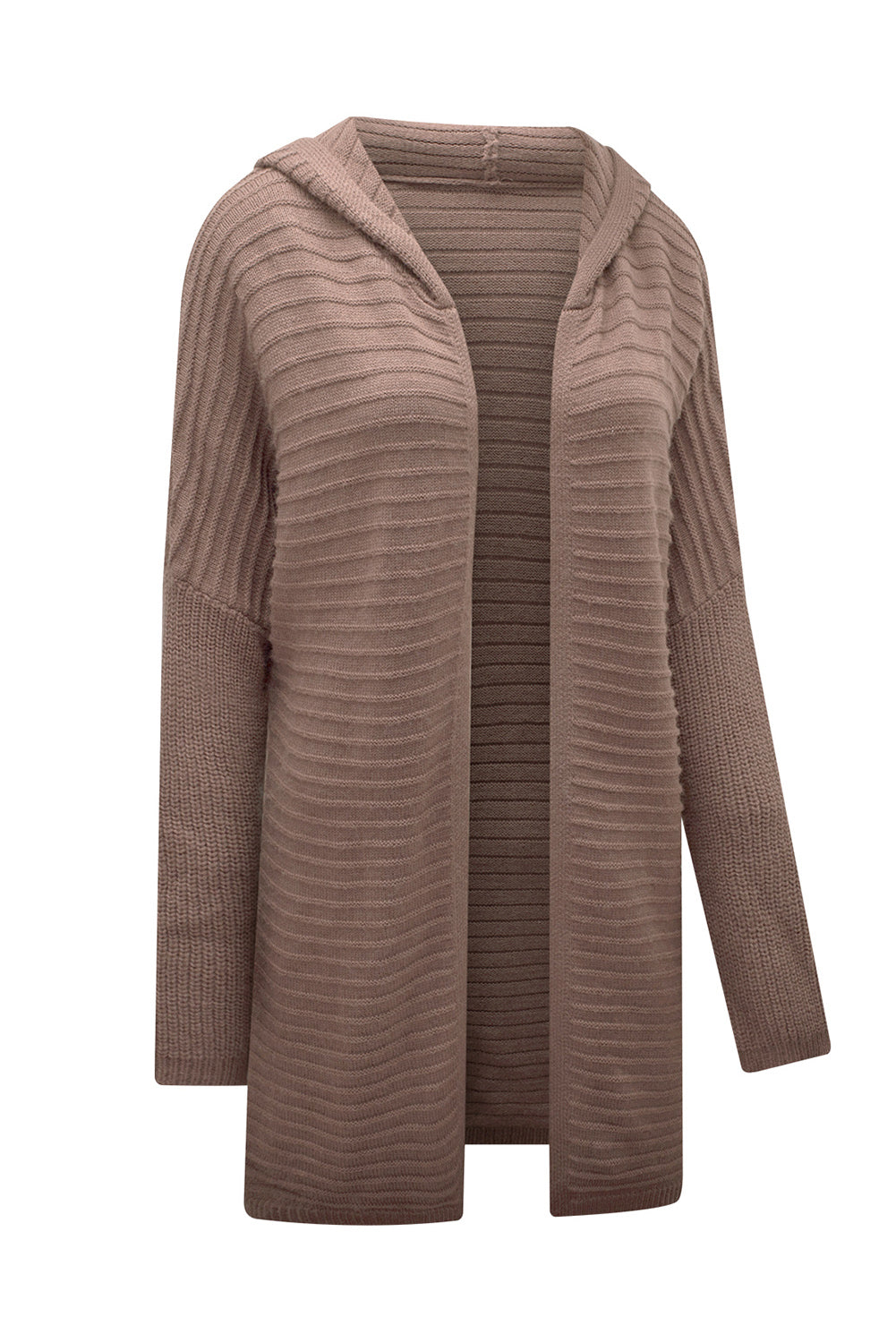 Black Horizontal Rib Knitted Open Front Hooded Cardigan