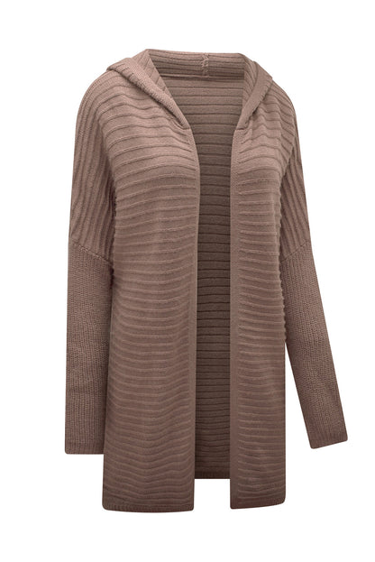 Black Horizontal Rib Knitted Open Front Hooded Cardigan