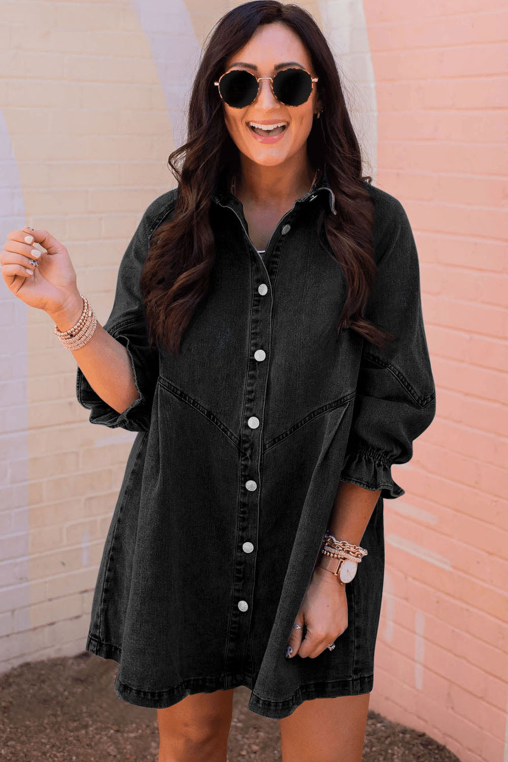 Gray Sequin Nutcracker Graphic Long Sleeve Shirt Denim Dress