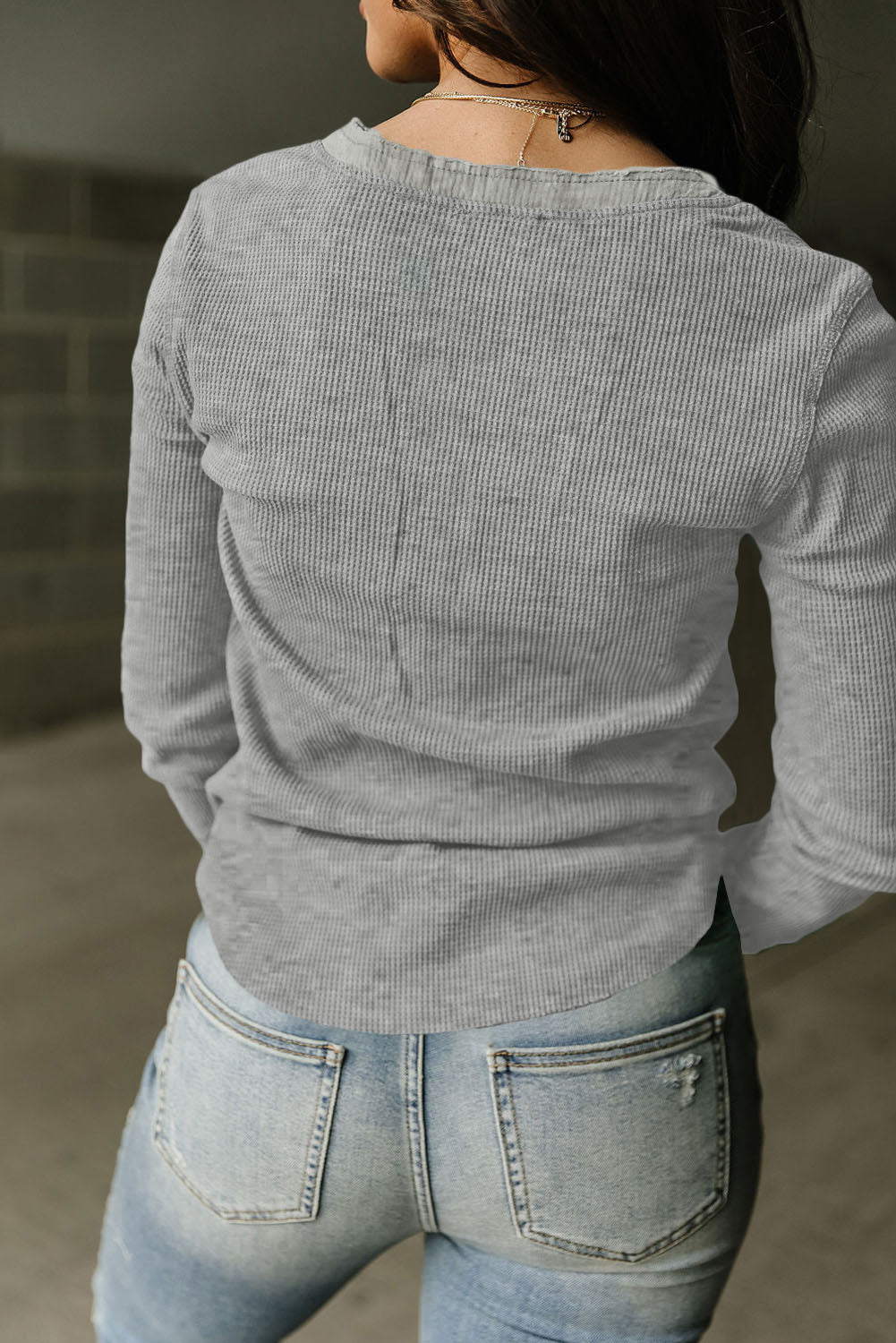 Black Trimmed Neckline Waffle Knit Henley Top