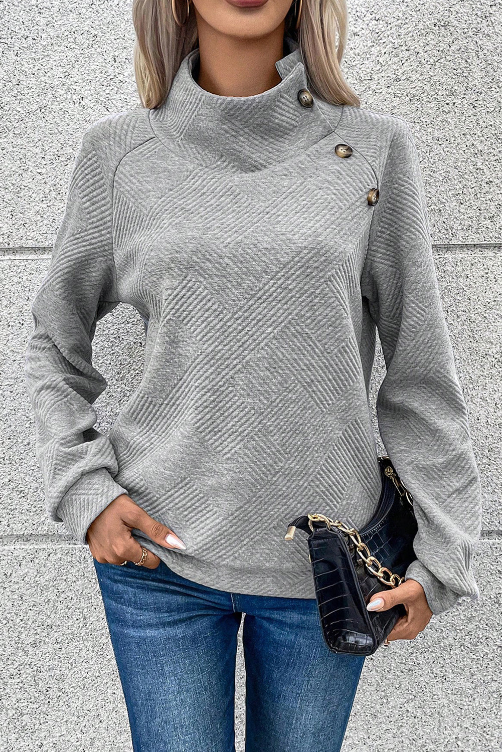 Light Grey Textured Knit Buttoned Kangaroo Pocket Sweatshirt