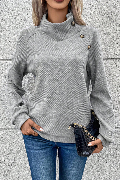 Light Grey Textured Knit Buttoned Kangaroo Pocket Sweatshirt