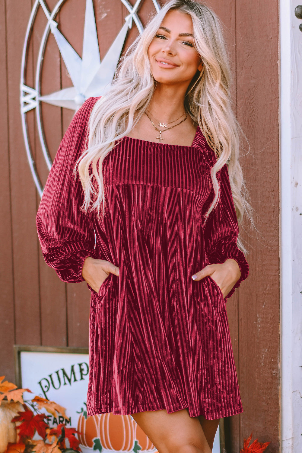 Pink Smocked Ribbed Velvet Babydoll Top