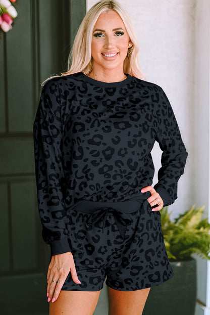 Leopard Print Zipped Split Neck Drawstring Pants Set