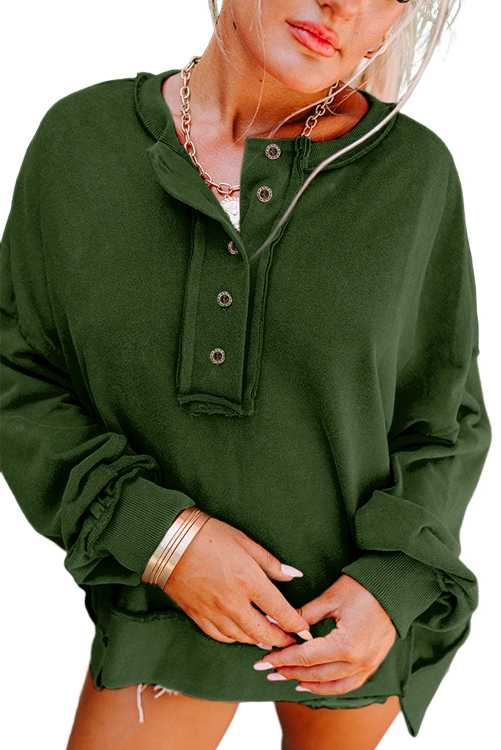 Black Drop Shoulder Henley Buttons Sweatshirt