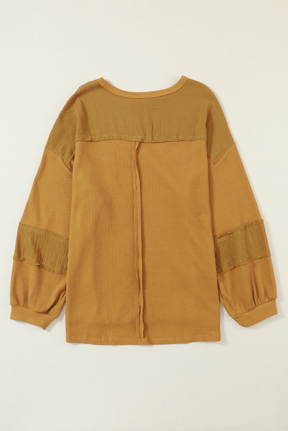 Gray Exposed Seam Patchwork Bubble Sleeve Waffle Knit Top
