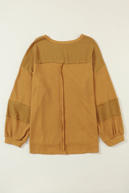 Gray Exposed Seam Patchwork Bubble Sleeve Waffle Knit Top