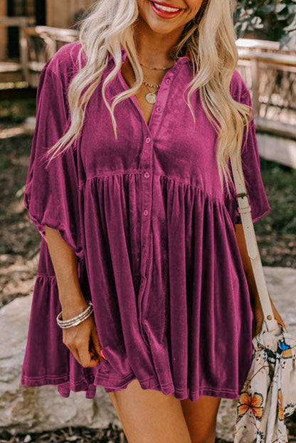 Pale Khaki 3/4 Sleeve Tunic Babydoll Velvet Shirt