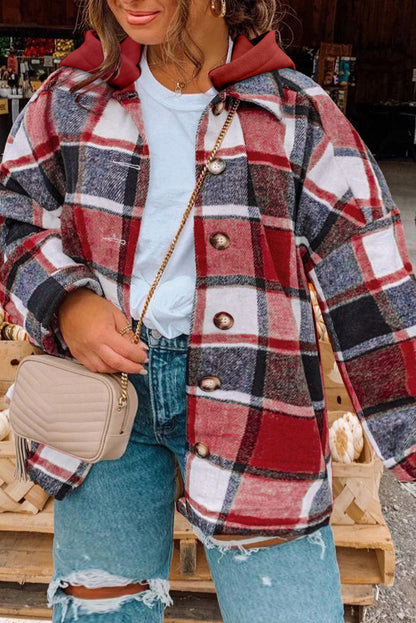 Orange Hooded Plaid Button Front Shacket
