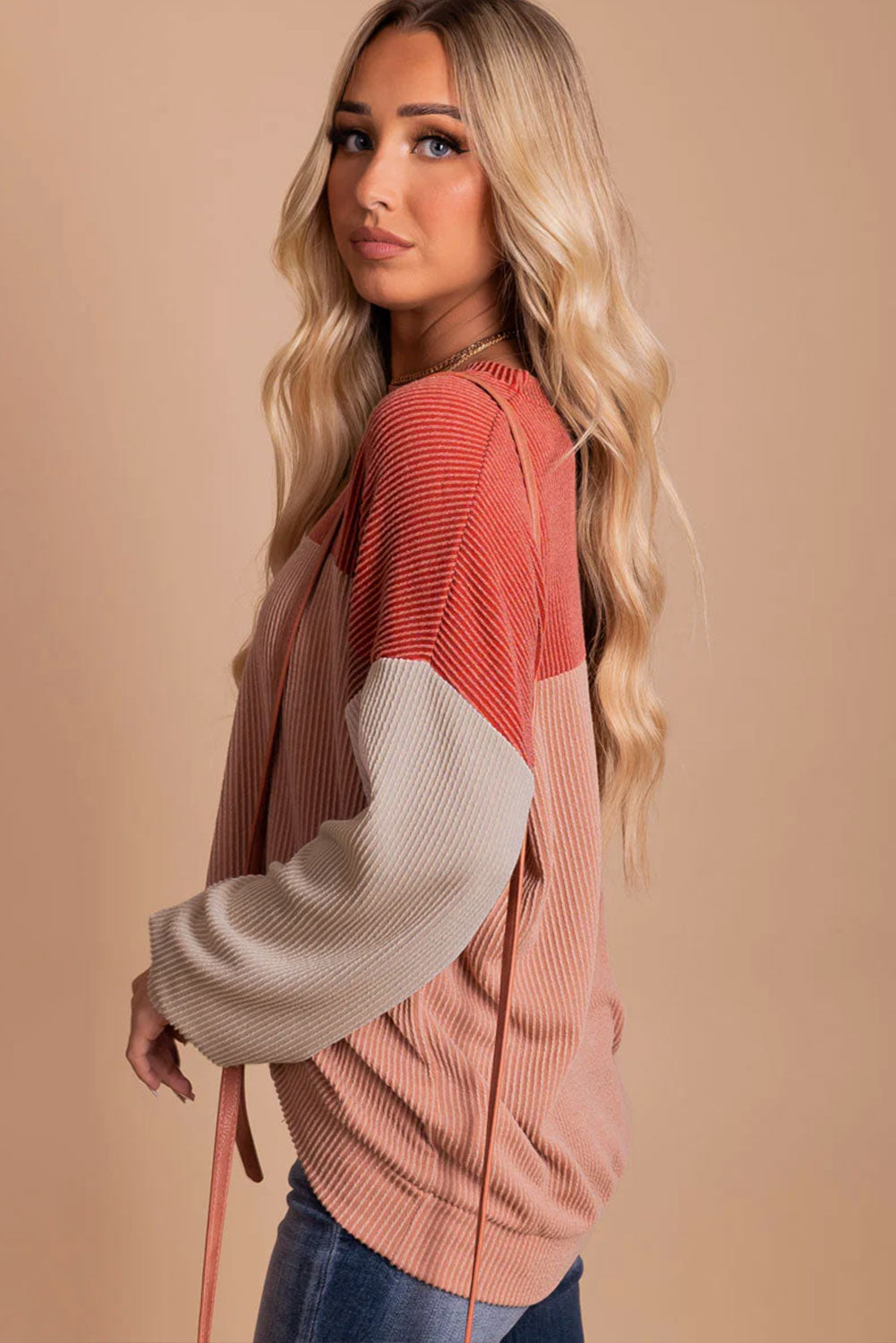 Mineral Red Plus Size Ribbed Colorblock Long Sleeve Top