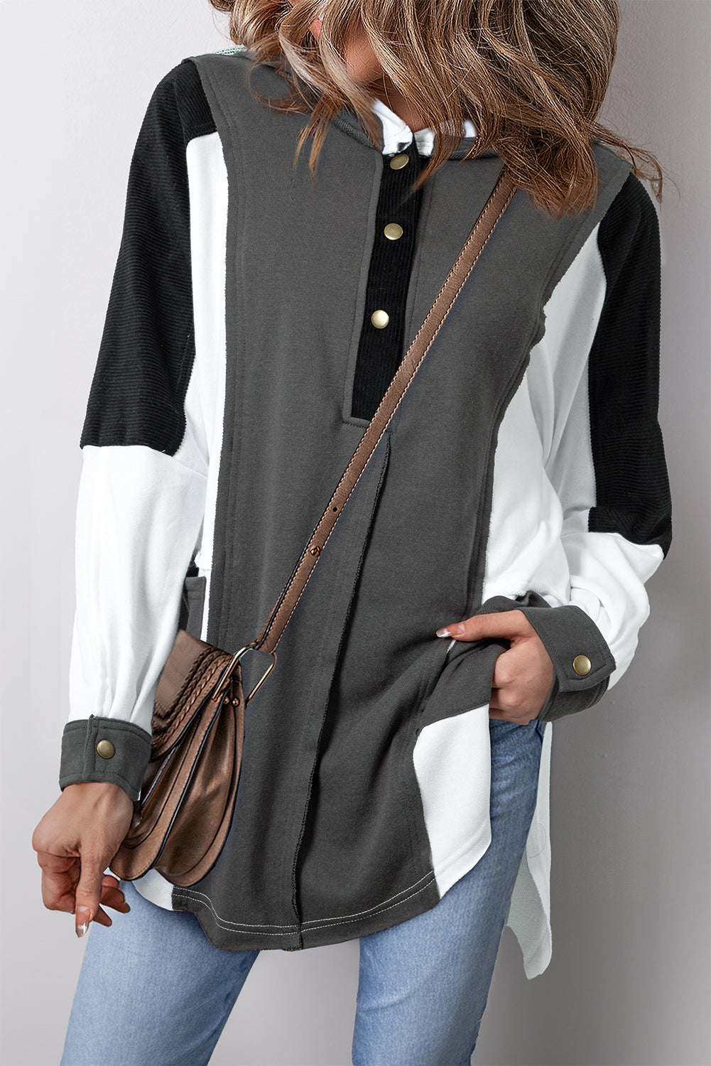 Gray Color Block Exposed Seam Buttoned Neckline Hoodie